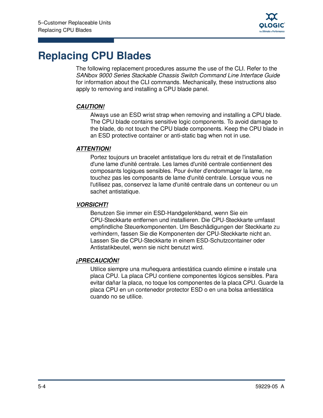 Q-Logic 9100, 59229-05 A manual Replacing CPU Blades 