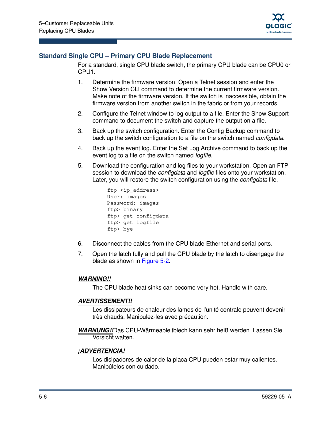 Q-Logic 9100, 59229-05 A manual Standard Single CPU Primary CPU Blade Replacement 