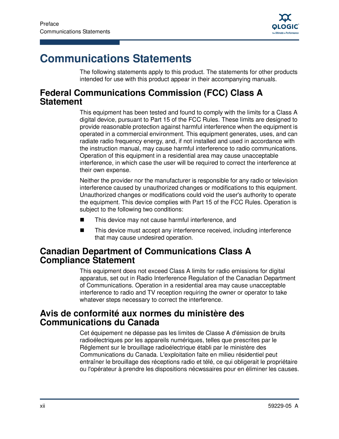 Q-Logic 9100, 59229-05 A manual Communications Statements, Federal Communications Commission FCC Class a Statement 