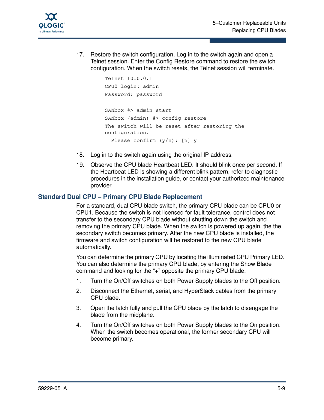 Q-Logic 59229-05 A, 9100 manual Standard Dual CPU Primary CPU Blade Replacement 