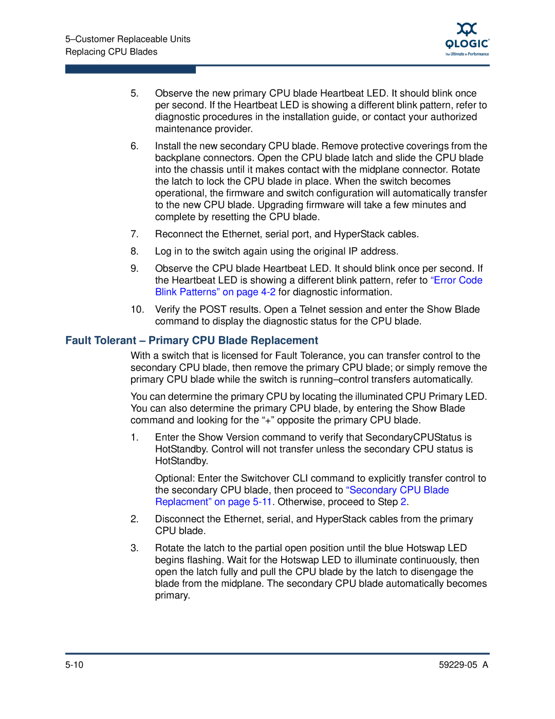 Q-Logic 9100, 59229-05 A manual Fault Tolerant Primary CPU Blade Replacement 