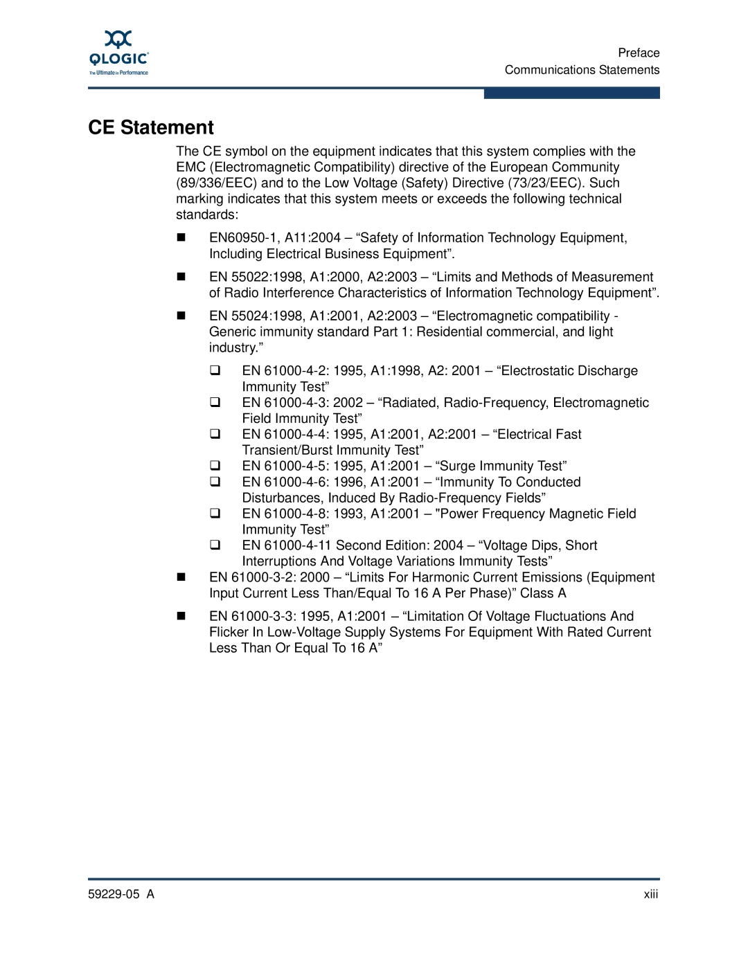 Q-Logic 59229-05 A, 9100 manual CE Statement 