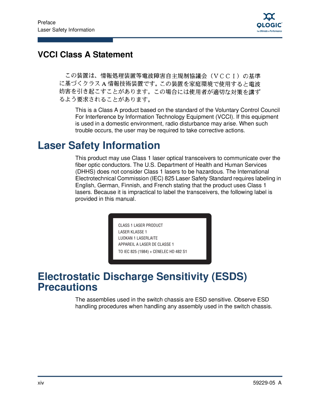 Q-Logic 9100 manual Laser Safety Information, Electrostatic Discharge Sensitivity Esds Precautions, Vcci Class a Statement 