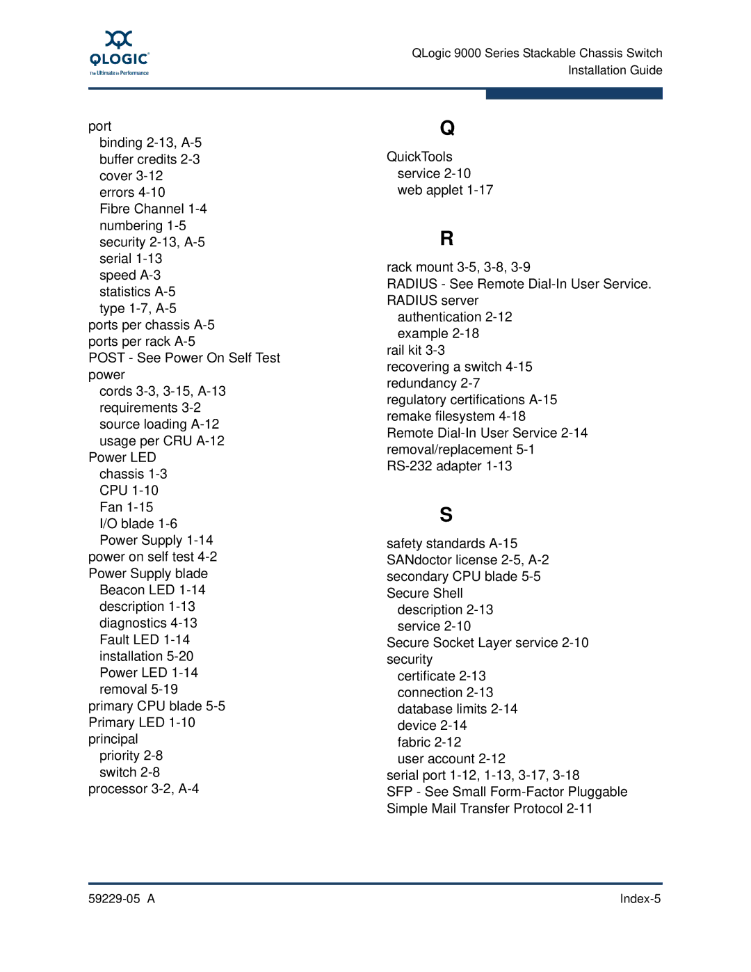 Q-Logic 59229-05 A, 9100 manual a Index-5 