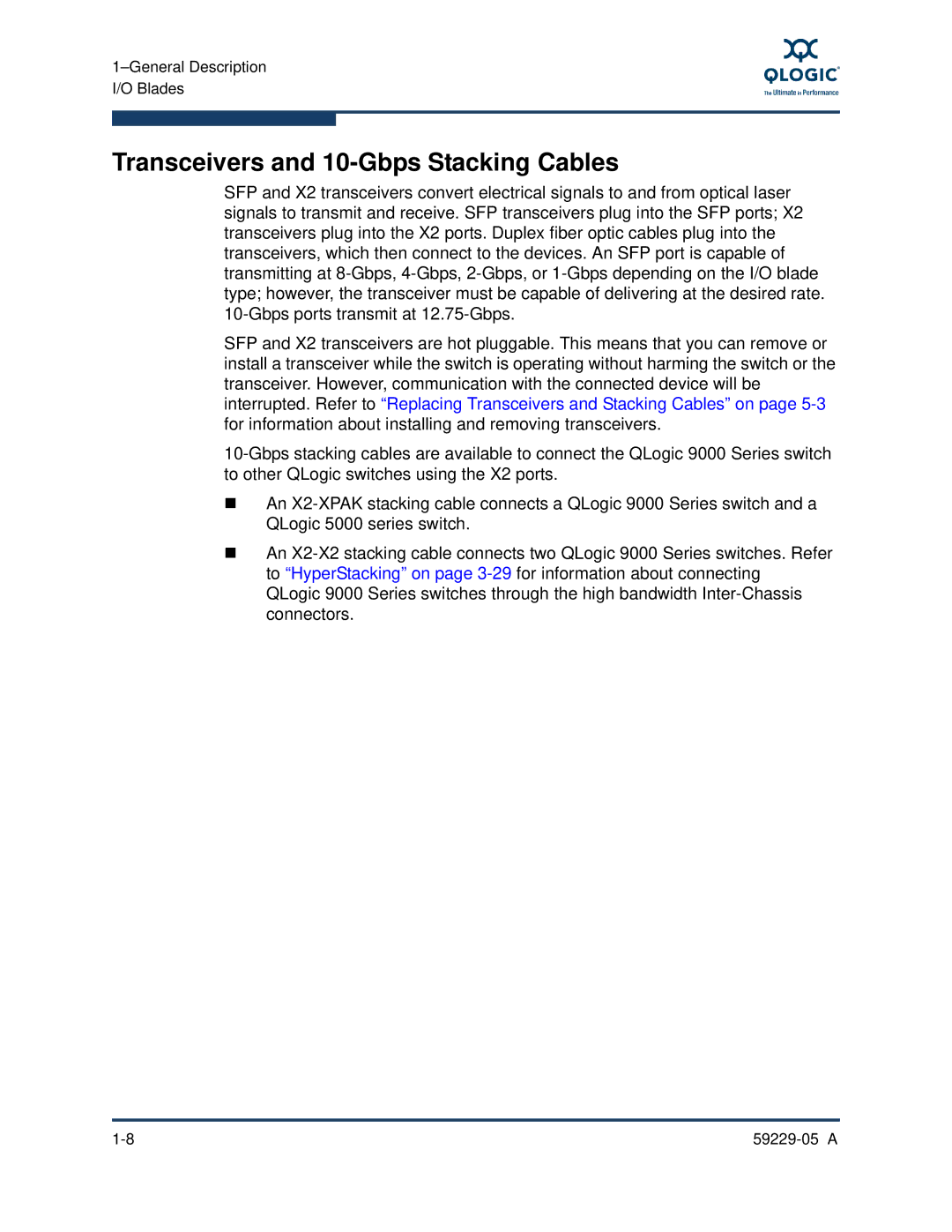 Q-Logic 9100, 59229-05 A manual Transceivers and 10-Gbps Stacking Cables 