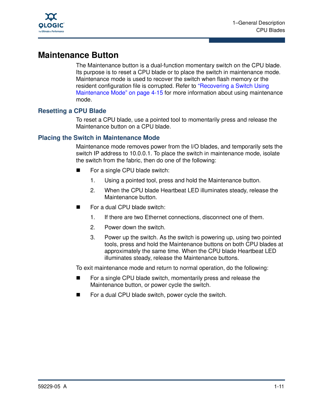 Q-Logic 59229-05 A, 9100 manual Maintenance Button, Resetting a CPU Blade, Placing the Switch in Maintenance Mode 