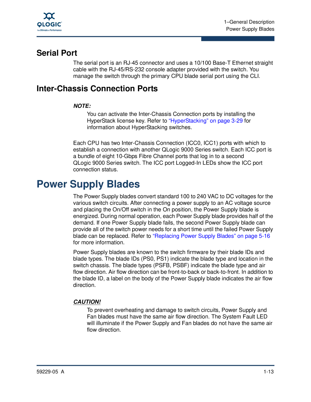 Q-Logic 59229-05 A, 9100 manual Power Supply Blades, Serial Port, Inter-Chassis Connection Ports 