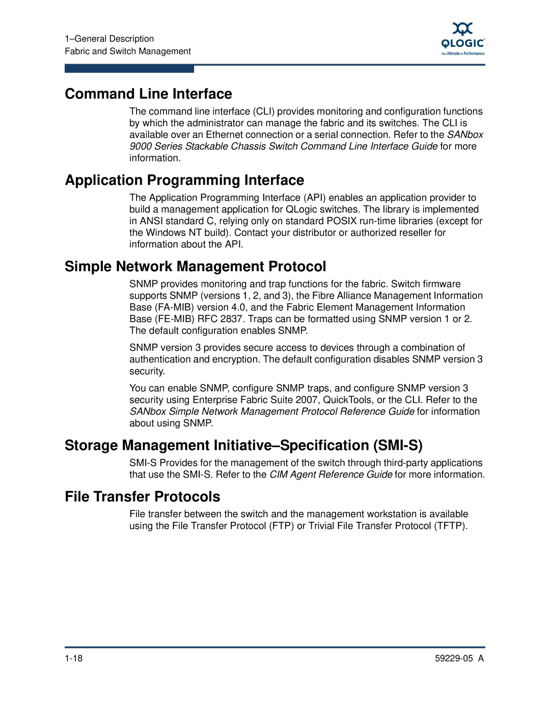 Q-Logic 9100, 59229-05 A Command Line Interface, Application Programming Interface, Simple Network Management Protocol 