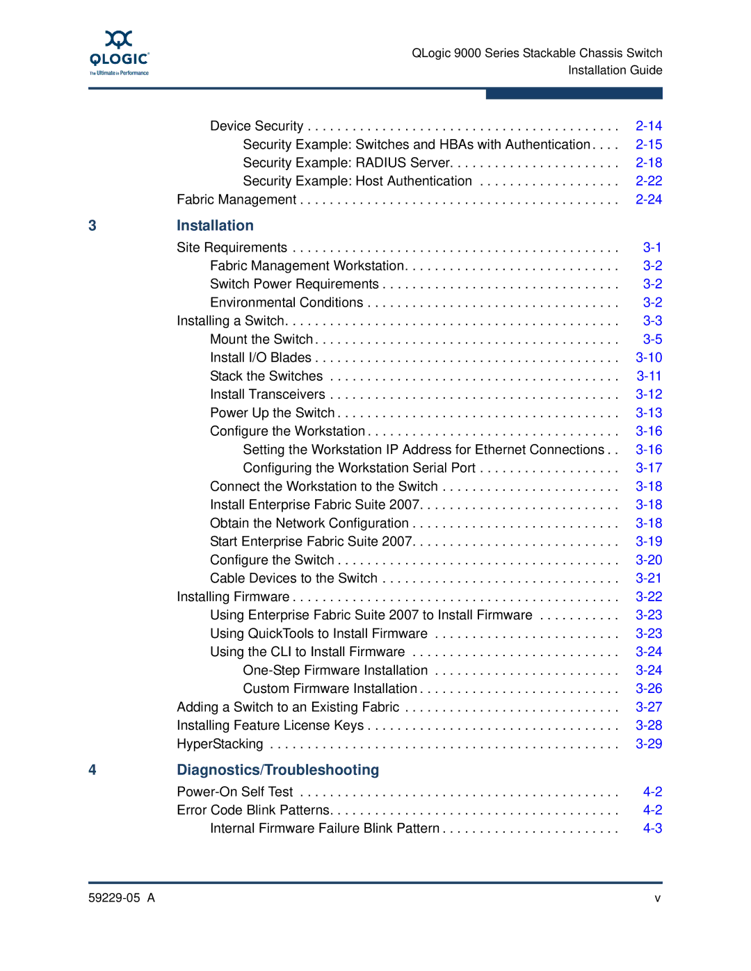 Q-Logic 59229-05 A, 9100 manual Installation, Diagnostics/Troubleshooting 