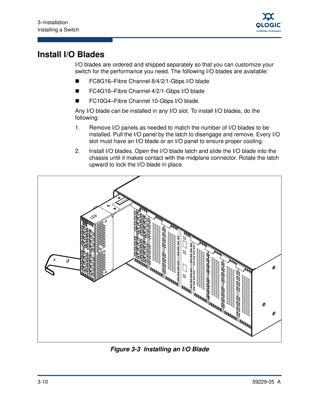 Q-Logic 9100, 59229-05 A manual Install I/O Blades, Installing an I/O Blade 