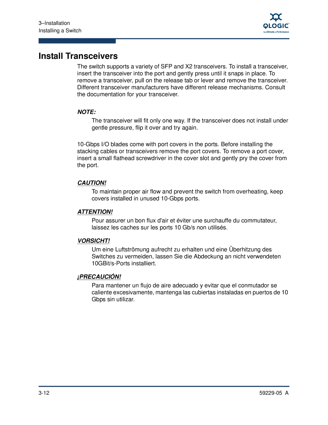 Q-Logic 9100, 59229-05 A manual Install Transceivers 