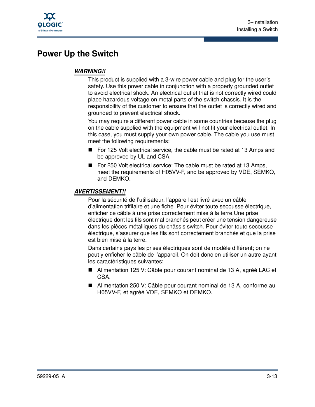 Q-Logic 59229-05 A, 9100 manual Power Up the Switch 