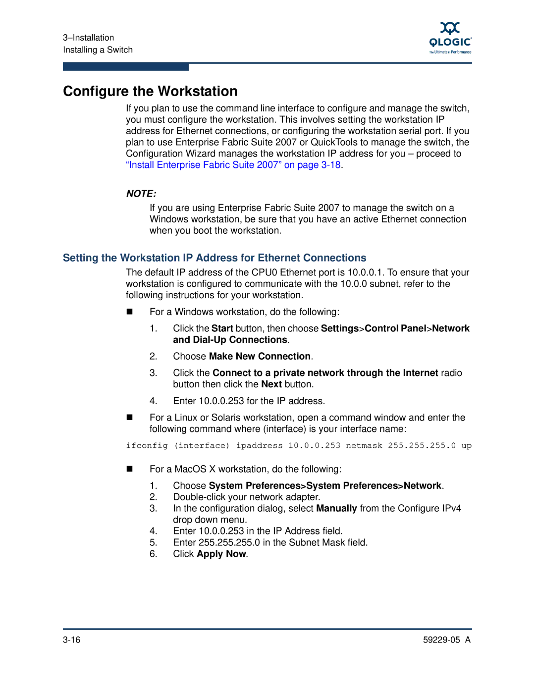 Q-Logic 9100, 59229-05 A manual Configure the Workstation, Setting the Workstation IP Address for Ethernet Connections 