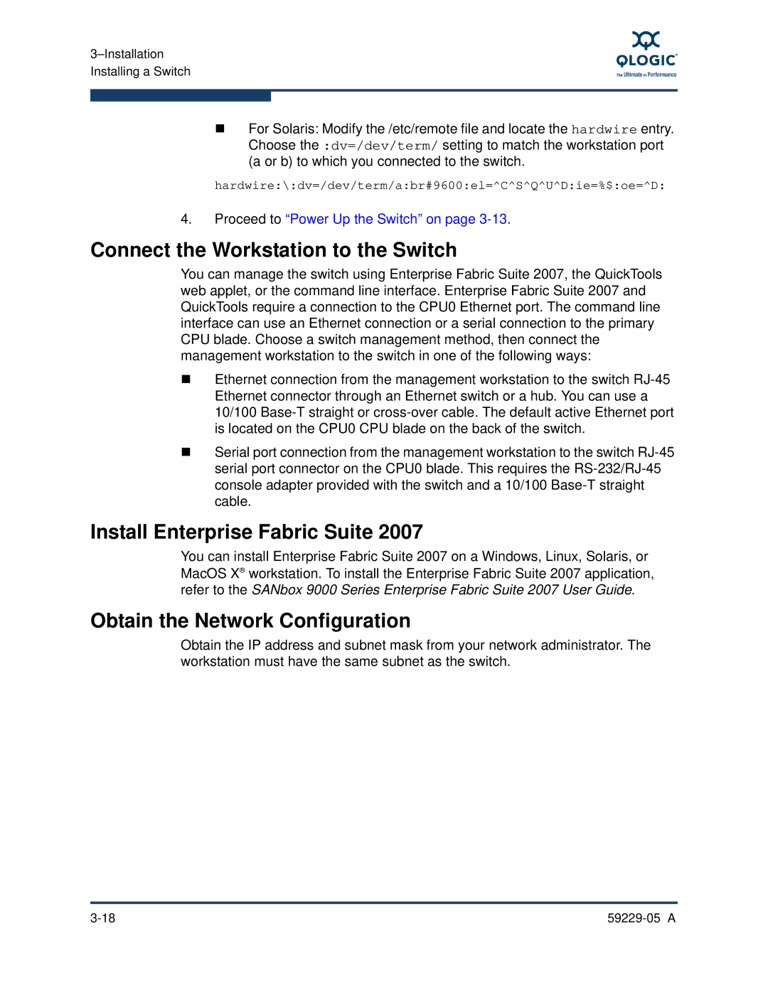 Q-Logic 9100 Connect the Workstation to the Switch, Install Enterprise Fabric Suite, Obtain the Network Configuration 