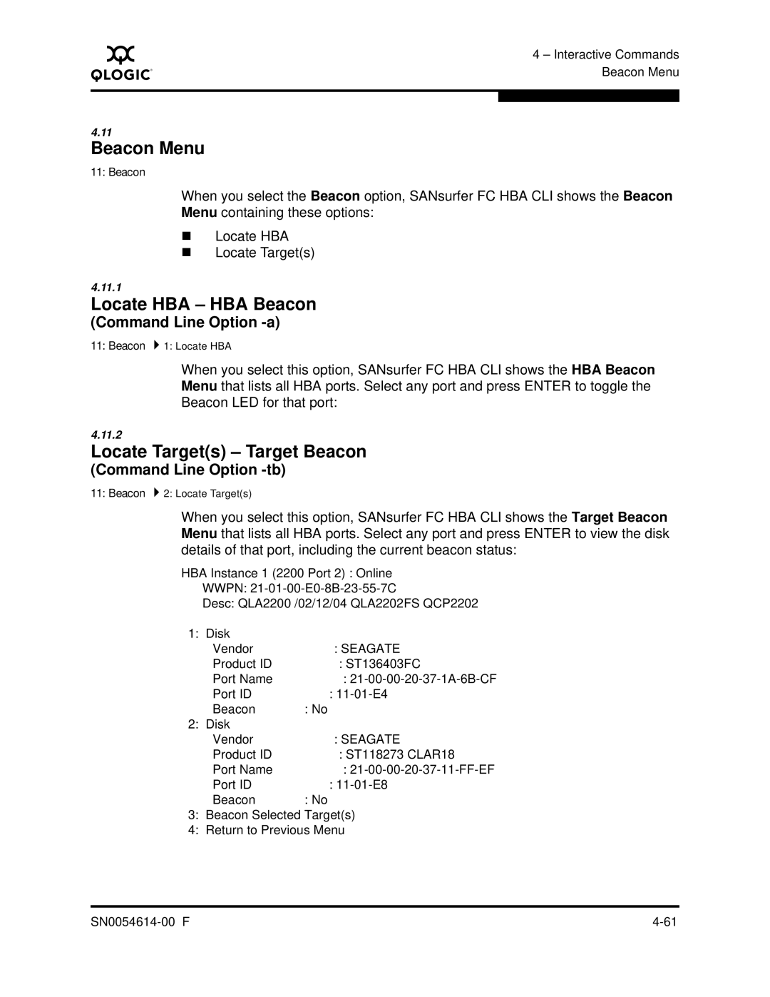 Q-Logic FC HBA CLI manual Beacon Menu, Locate HBA HBA Beacon, Locate Targets Target Beacon, Command Line Option -a 