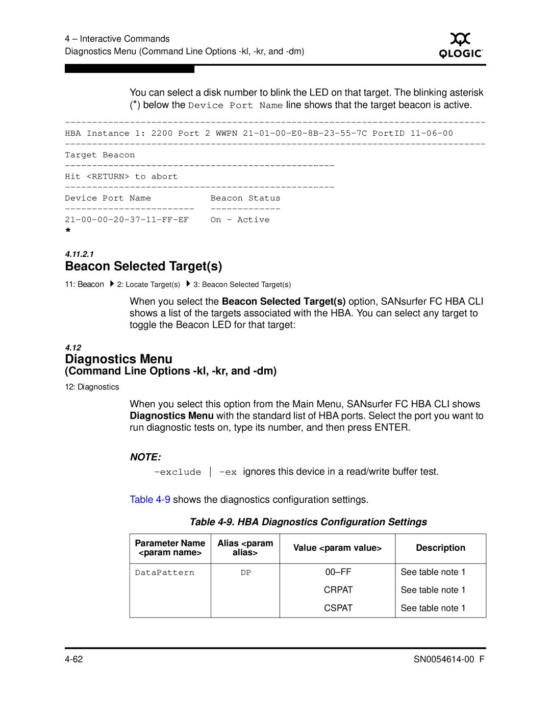 Q-Logic FC HBA CLI manual Beacon Selected Targets, Diagnostics Menu, Command Line Options -kl, -kr, and -dm 