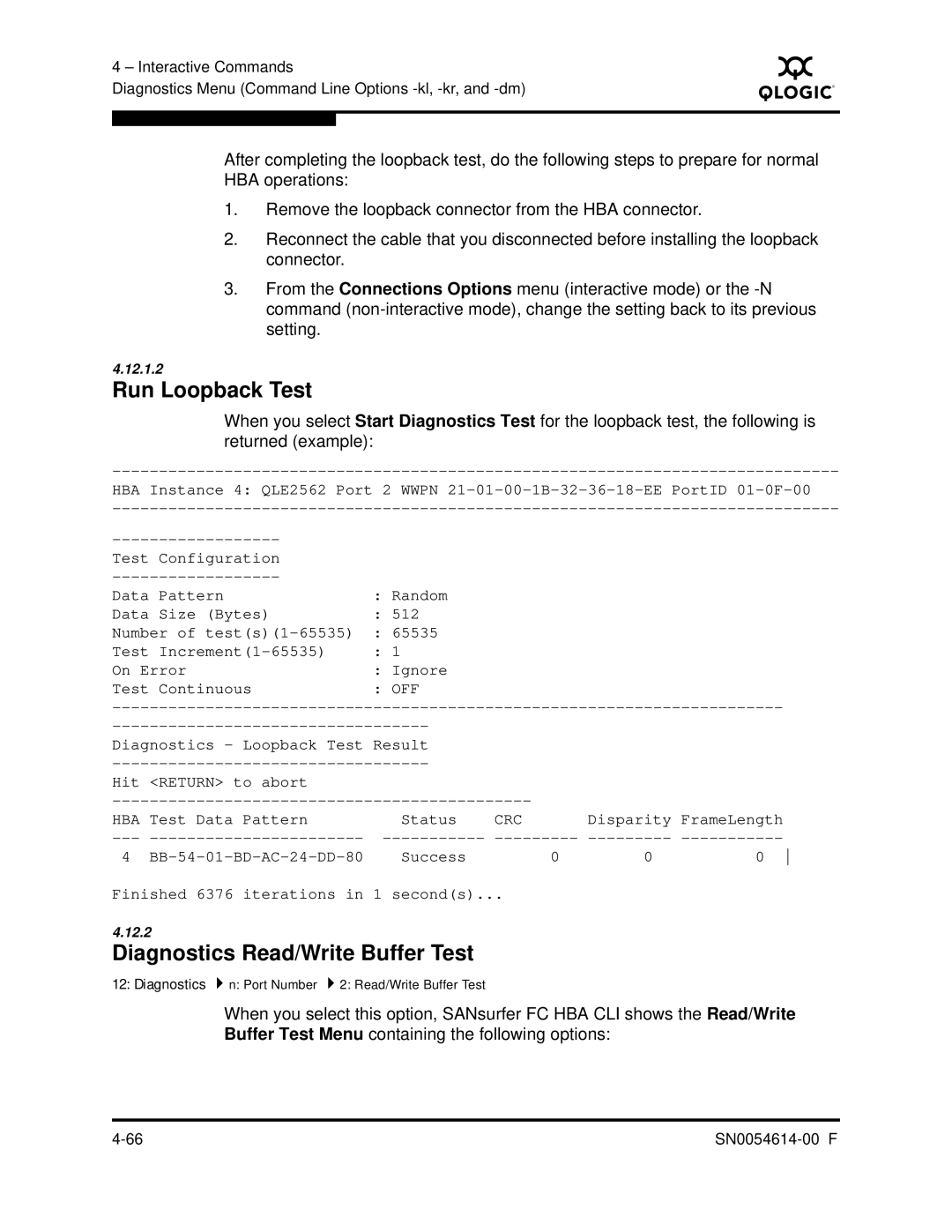 Q-Logic FC HBA CLI manual Run Loopback Test, Diagnostics Read/Write Buffer Test 