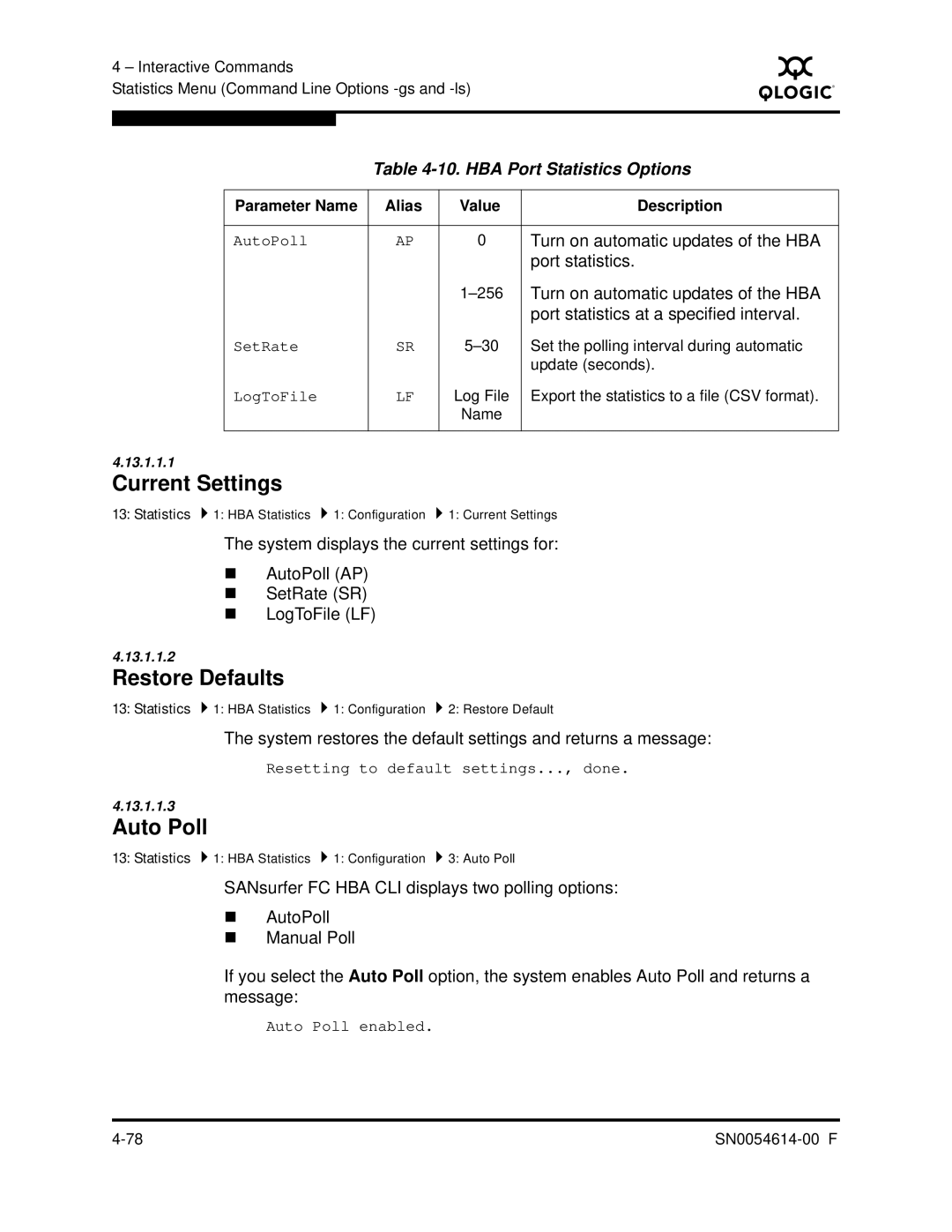 Q-Logic FC HBA CLI manual Current Settings, Auto Poll, HBA Port Statistics Options 