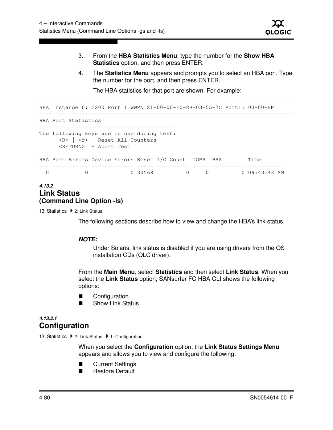 Q-Logic FC HBA CLI manual Link Status, Command Line Option -ls 