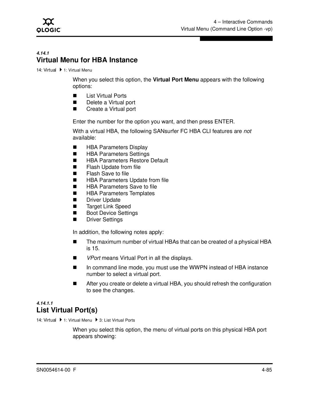 Q-Logic FC HBA CLI manual Virtual Menu for HBA Instance, List Virtual Ports 