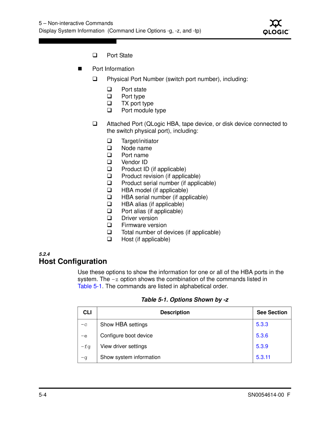 Q-Logic FC HBA CLI manual Options Shown by -z, Description See Section 