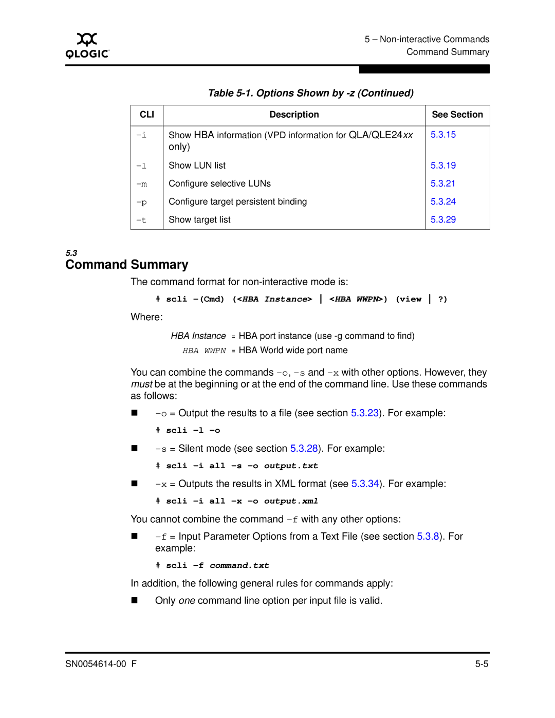 Q-Logic FC HBA CLI manual Command Summary, Only, Command format for non-interactive mode is 