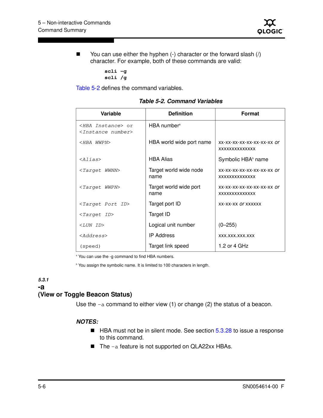 Q-Logic FC HBA CLI manual View or Toggle Beacon Status, 2defines the command variables, Command Variables 