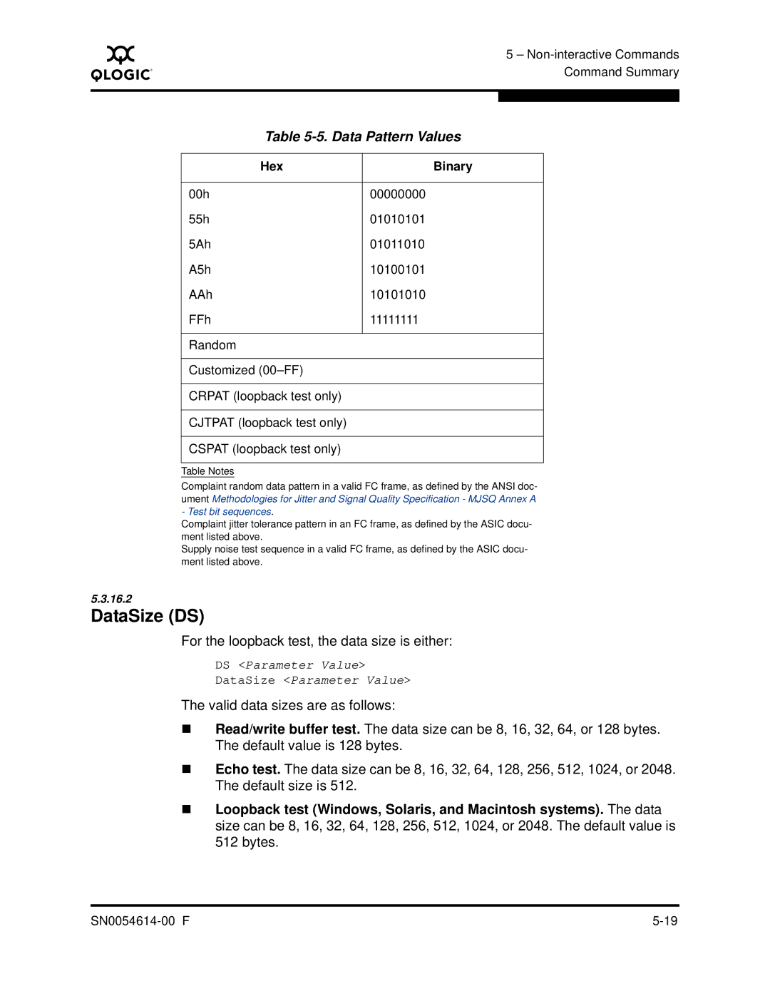 Q-Logic FC HBA CLI manual DataSize DS, Data Pattern Values, For the loopback test, the data size is either, Hex Binary 