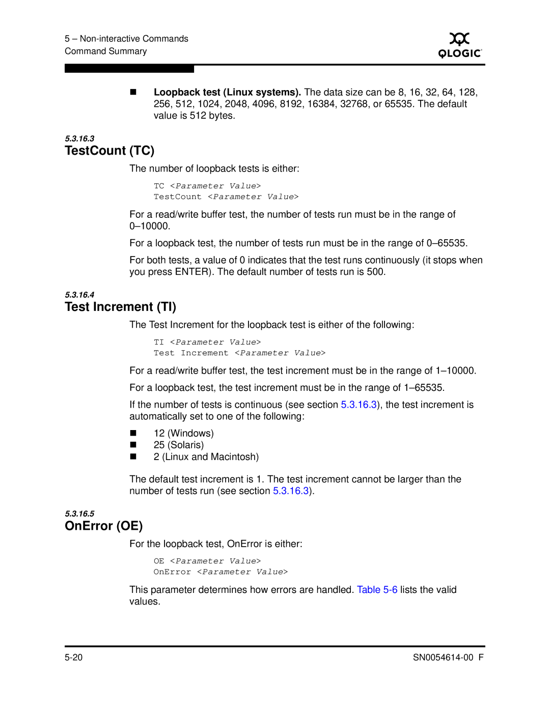 Q-Logic FC HBA CLI manual TestCount TC, Test Increment TI, OnError OE, Number of loopback tests is either 