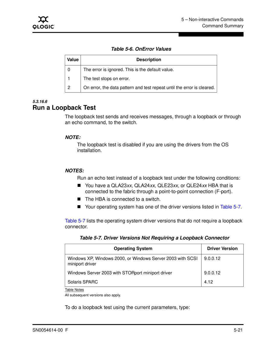 Q-Logic FC HBA CLI manual Run a Loopback Test, OnError Values, Driver Versions Not Requiring a Loopback Connector 