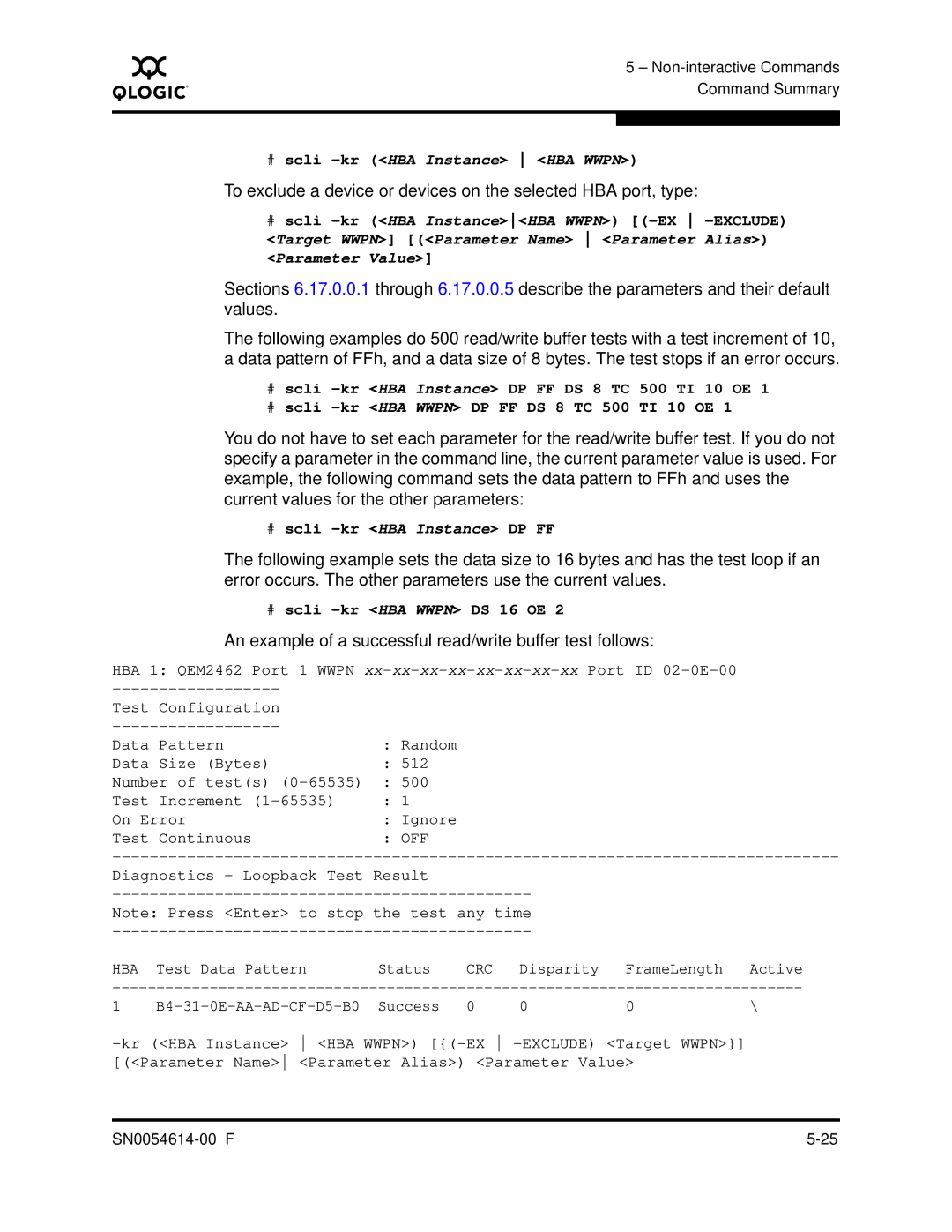 Q-Logic FC HBA CLI manual An example of a successful read/write buffer test follows 