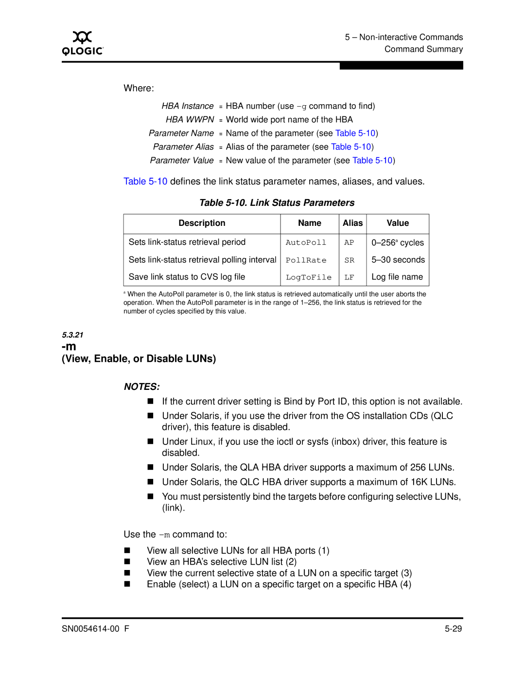 Q-Logic FC HBA CLI manual View, Enable, or Disable LUNs, Link Status Parameters 