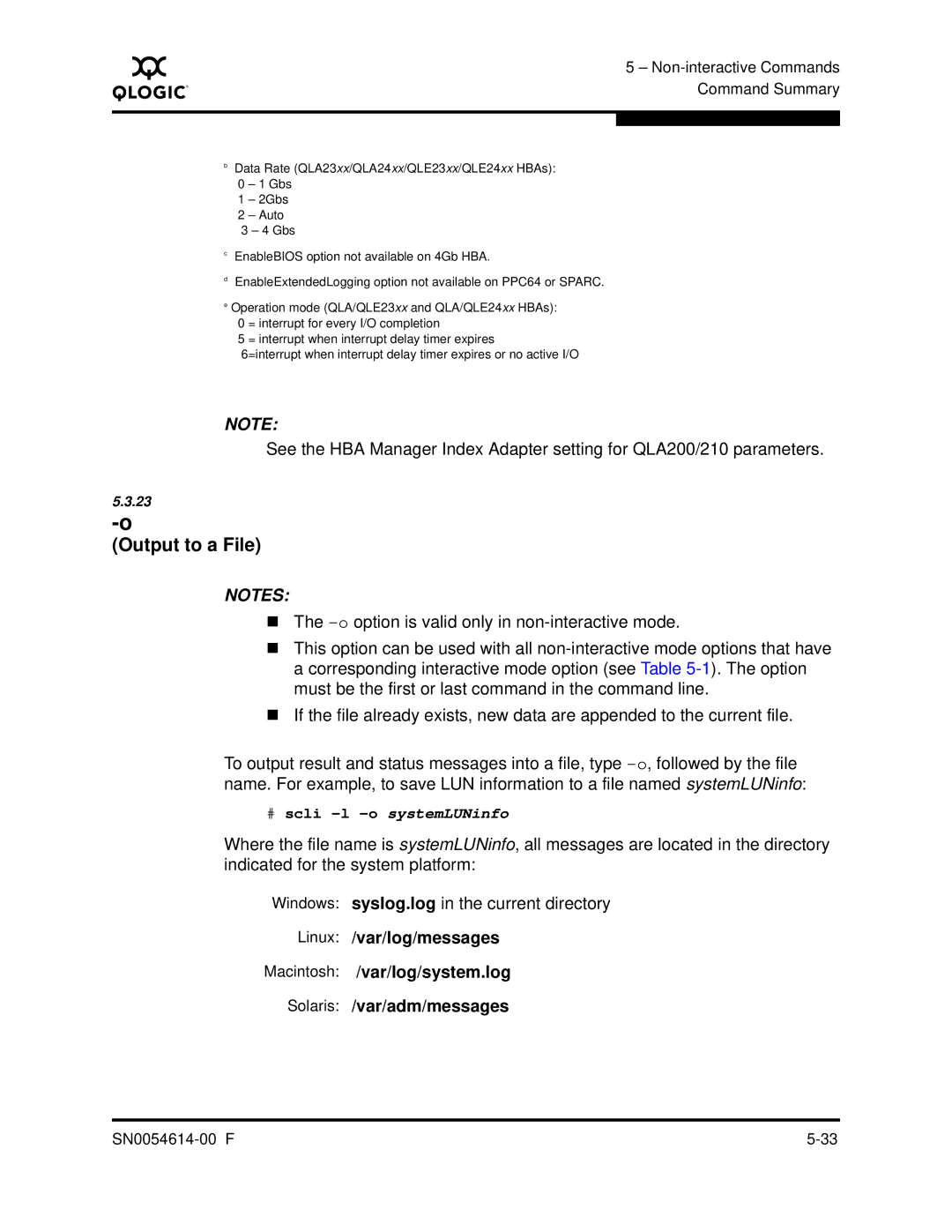 Q-Logic FC HBA CLI manual Output to a File 