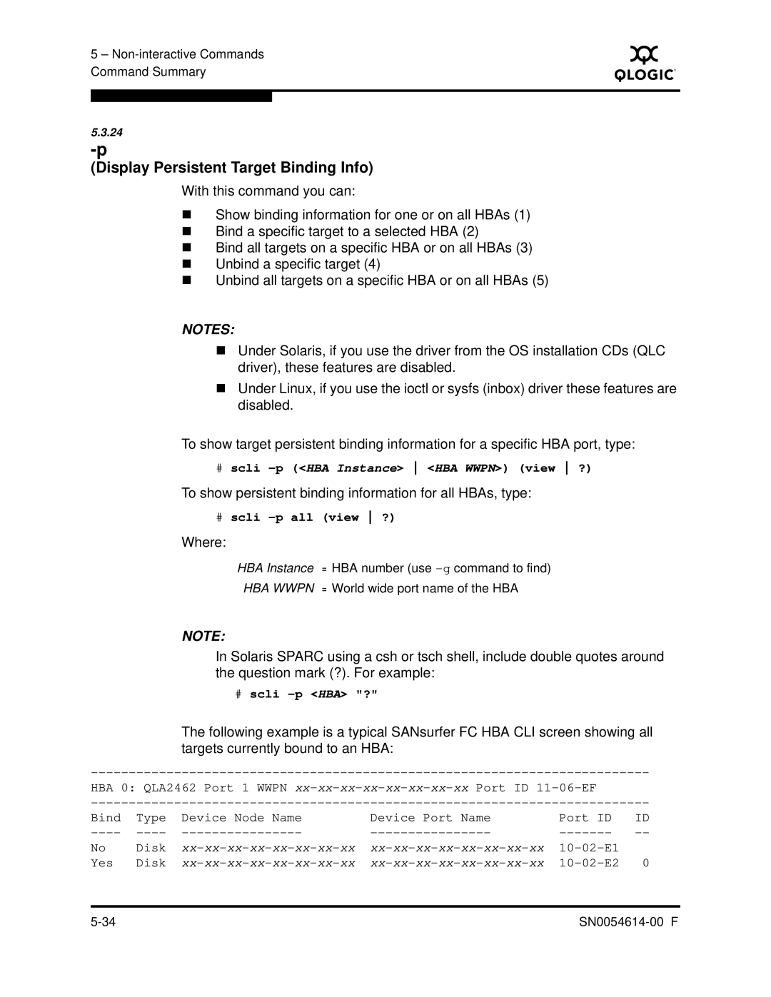 Q-Logic FC HBA CLI manual Display Persistent Target Binding Info, To show persistent binding information for all HBAs, type 