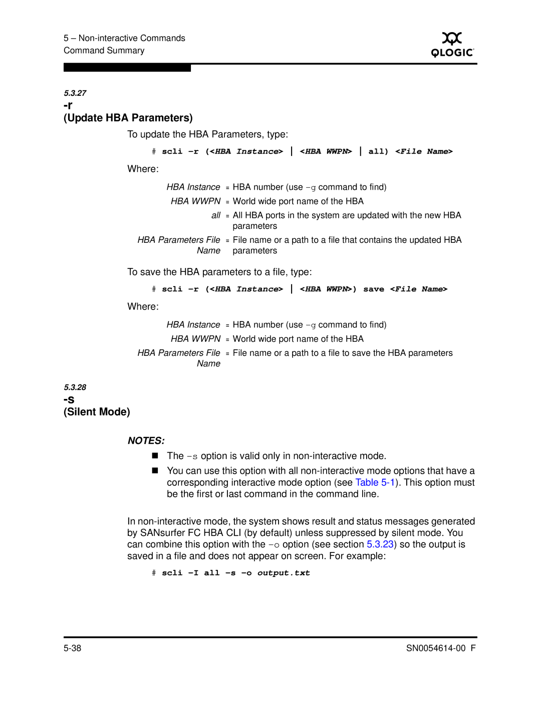 Q-Logic FC HBA CLI manual Update HBA Parameters, Silent Mode, To update the HBA Parameters, type 