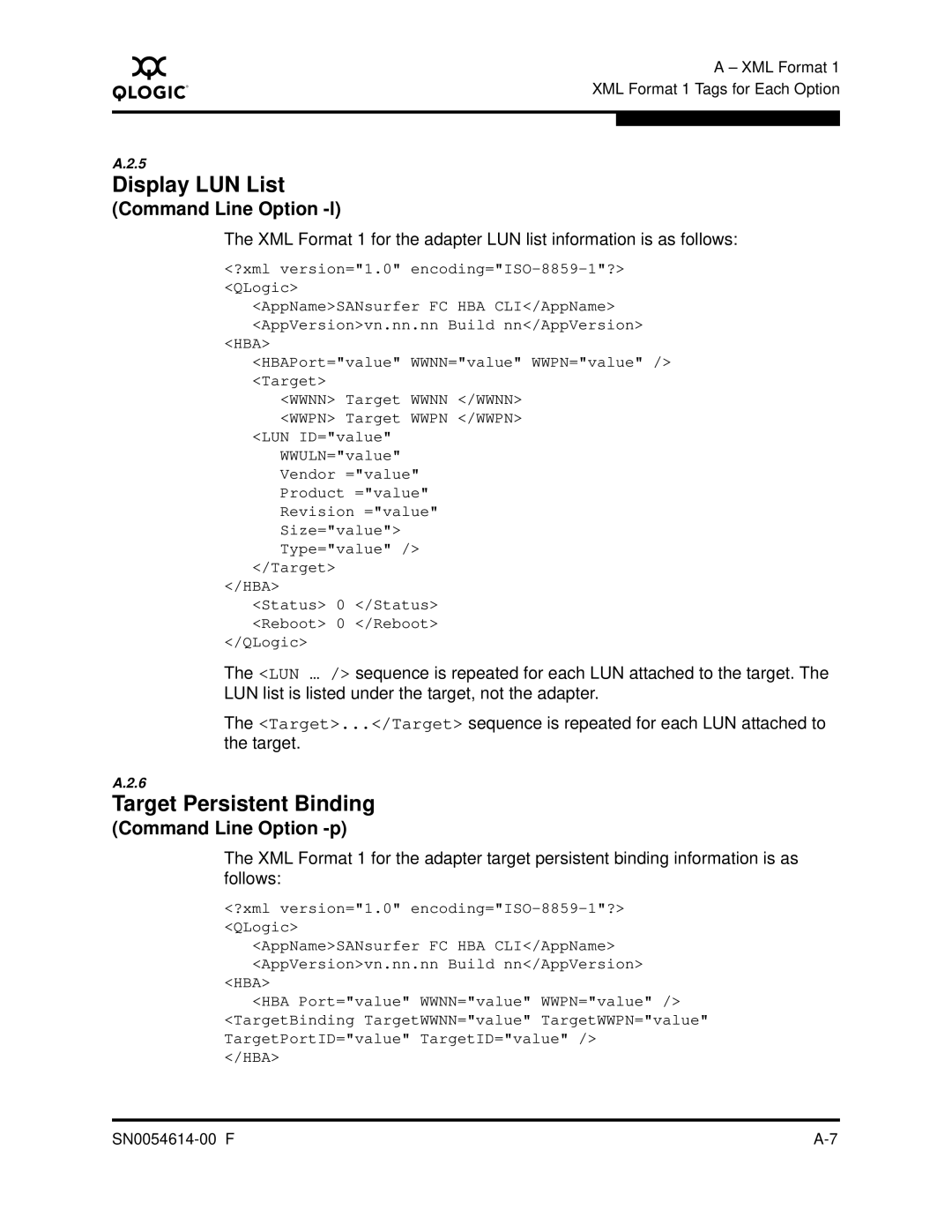 Q-Logic FC HBA CLI manual Display LUN List, Target Persistent Binding, Command Line Option -l 