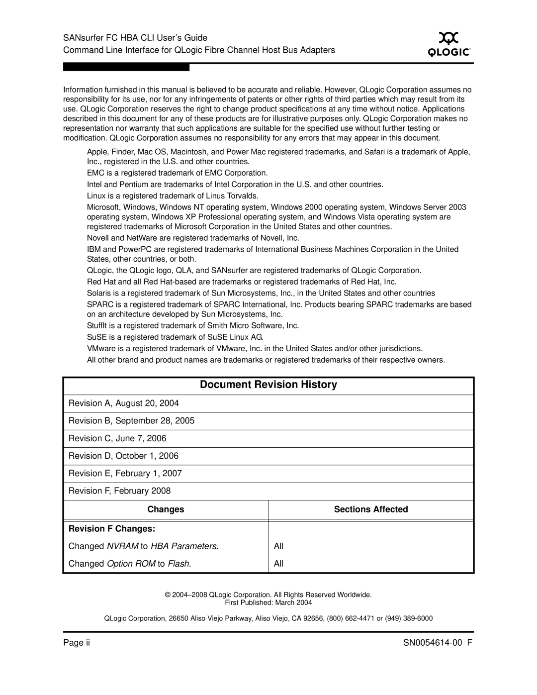 Q-Logic FC HBA CLI manual Document Revision History, Changes Sections Affected Revision F Changes 