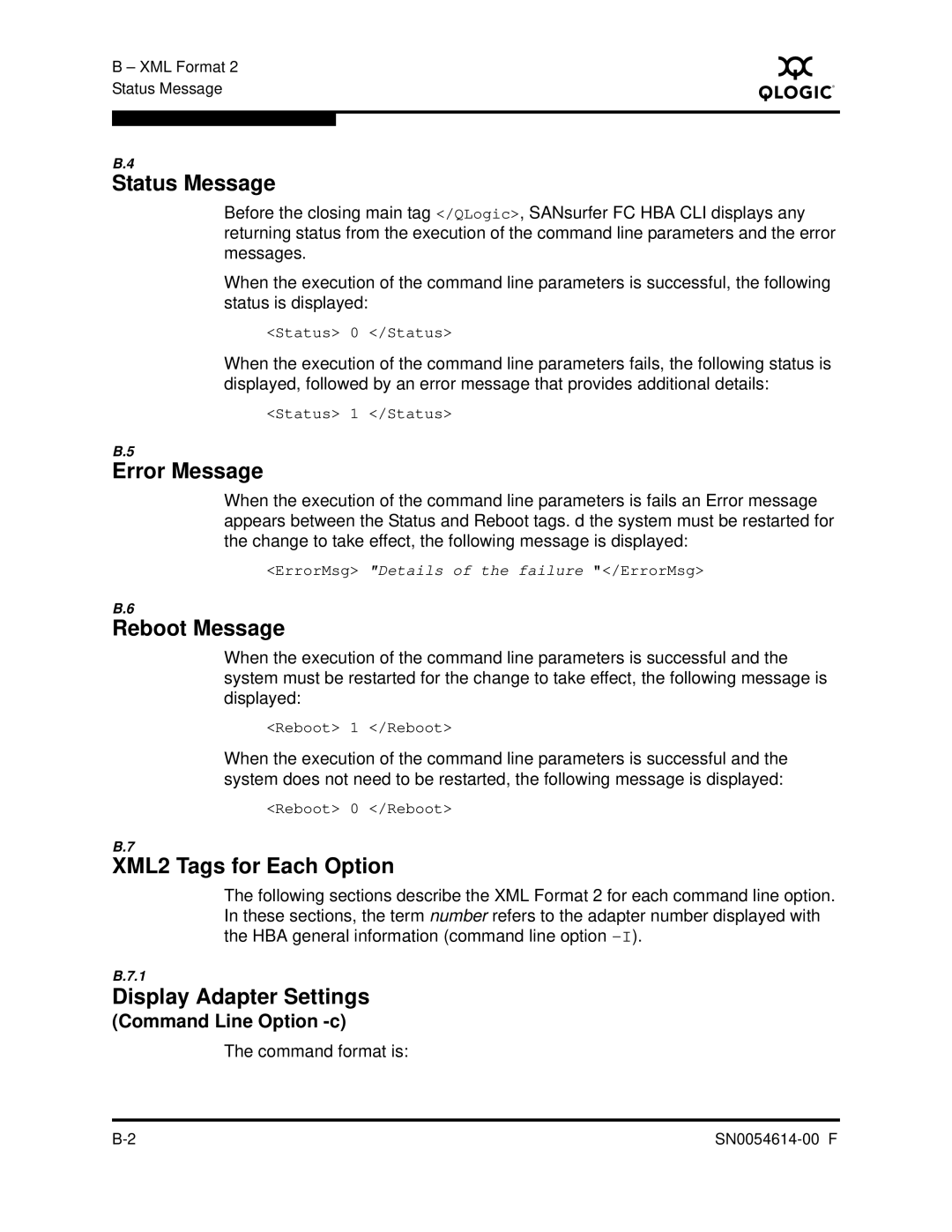 Q-Logic FC HBA CLI manual XML2 Tags for Each Option, Command format is 