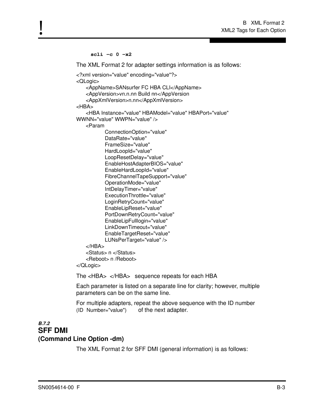 Q-Logic FC HBA CLI manual XML Format 2 for adapter settings information is as follows 