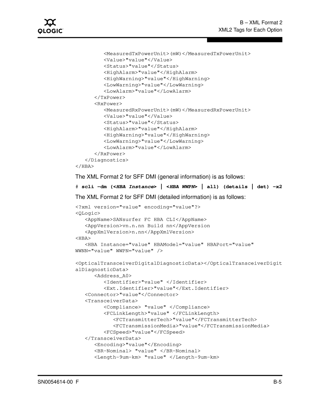 Q-Logic FC HBA CLI manual XML Format 2 for SFF DMI detailed information is as follows 