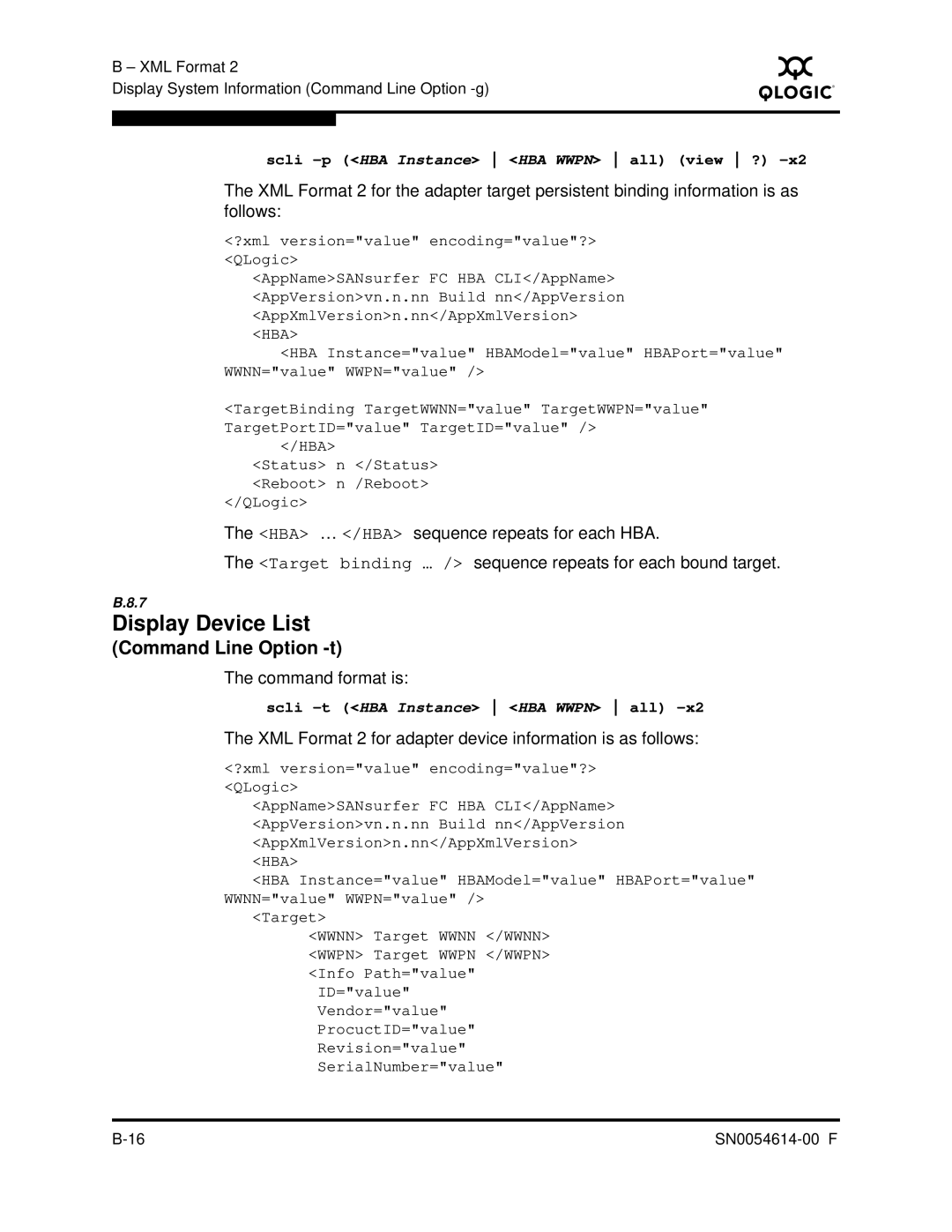 Q-Logic FC HBA CLI manual Display Device List, XML Format 2 for adapter device information is as follows 