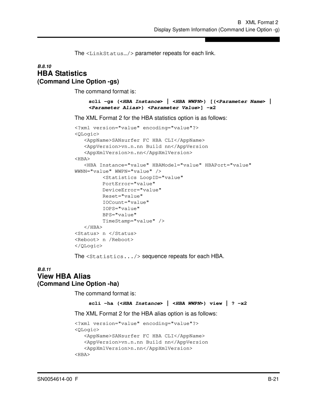 Q-Logic FC HBA CLI manual View HBA Alias, LinkStatus…/ parameter repeats for each link 