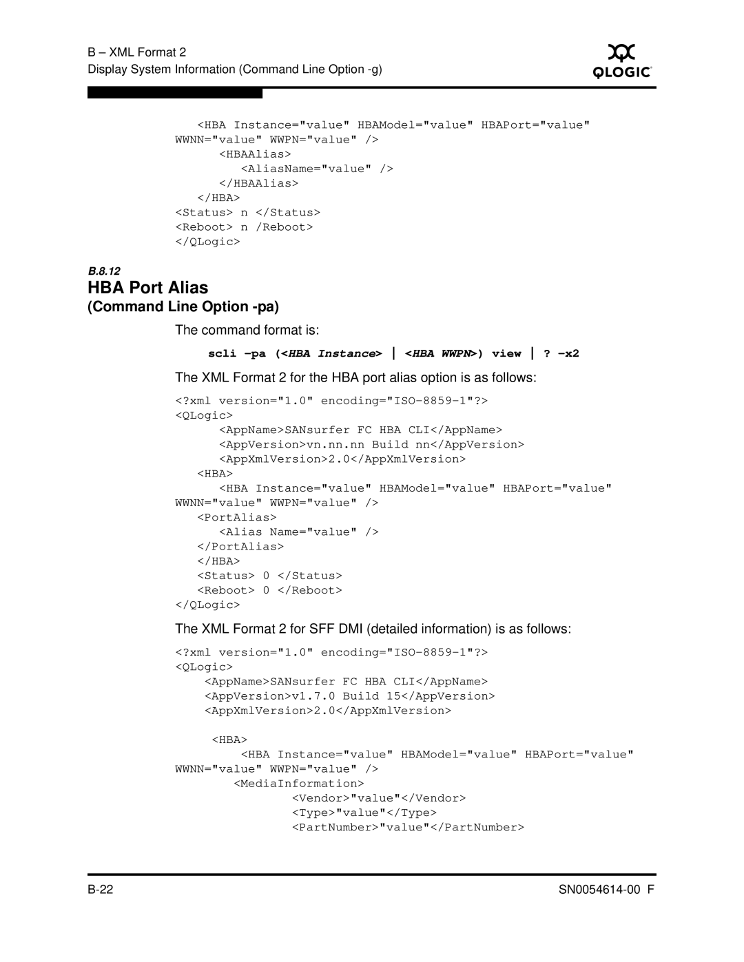 Q-Logic FC HBA CLI manual HBA Port Alias, XML Format 2 for the HBA port alias option is as follows 