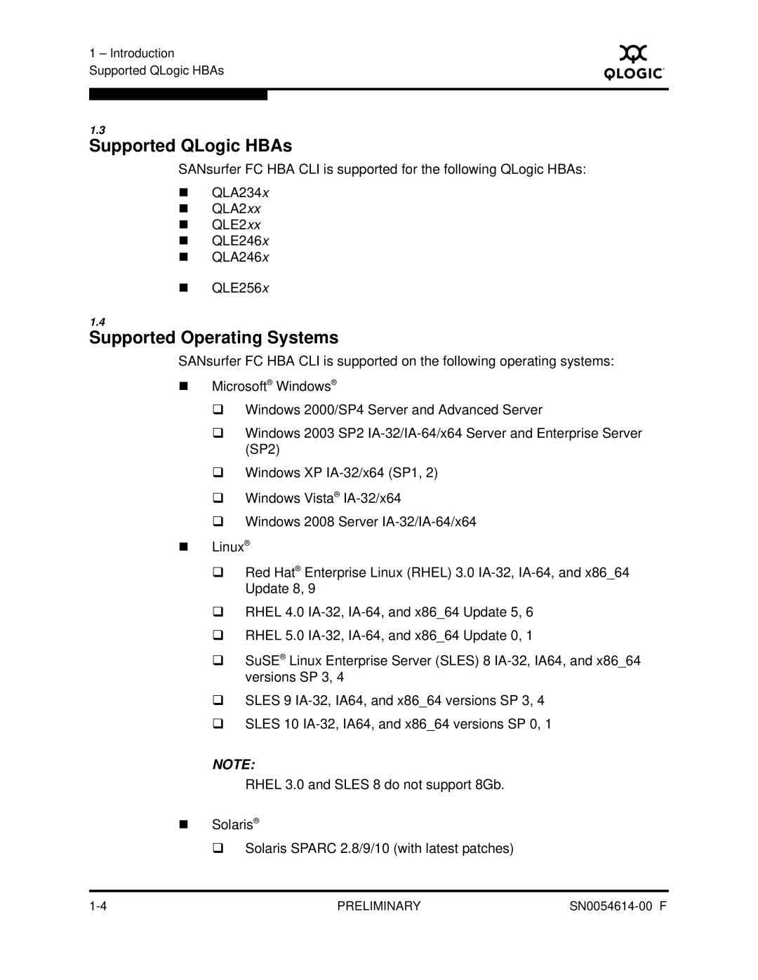 Q-Logic FC HBA CLI manual Supported QLogic HBAs, Supported Operating Systems 