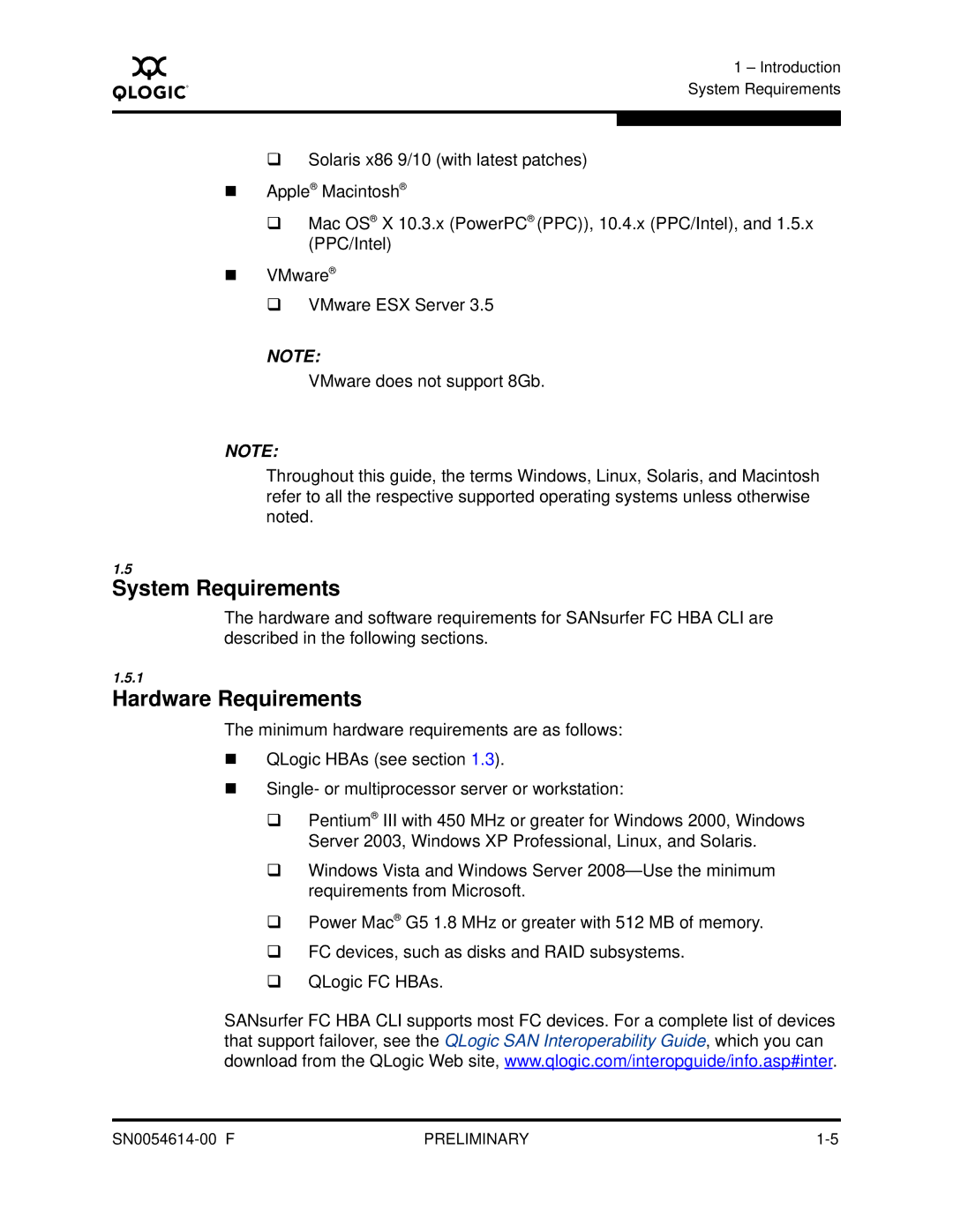 Q-Logic FC HBA CLI manual System Requirements, Hardware Requirements 