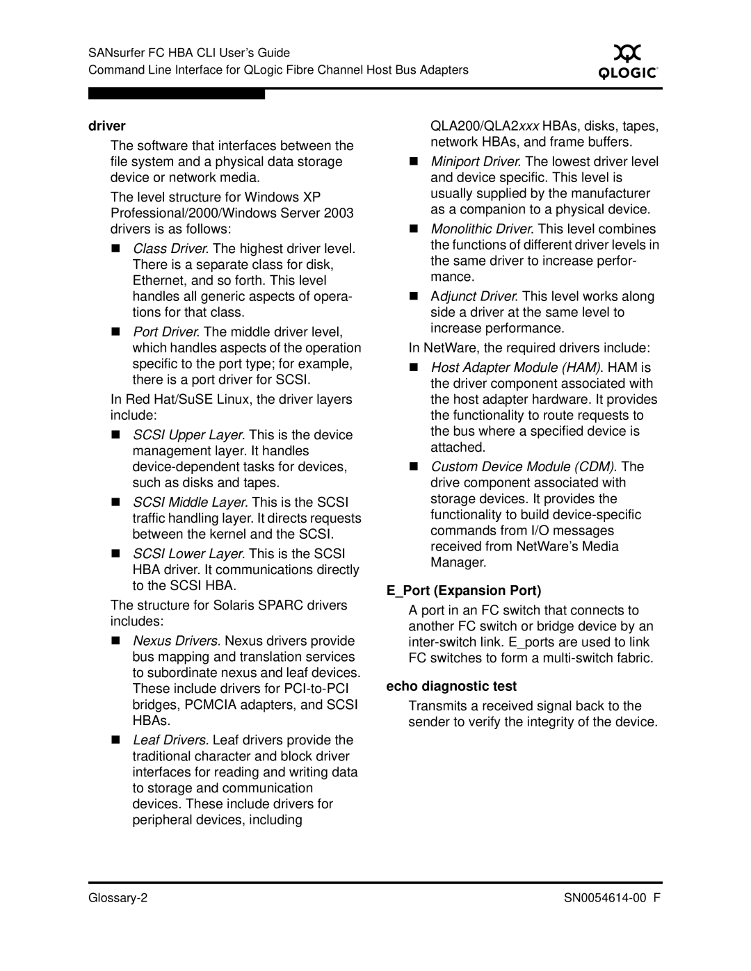 Q-Logic FC HBA CLI manual Driver, Red Hat/SuSE Linux, the driver layers include 