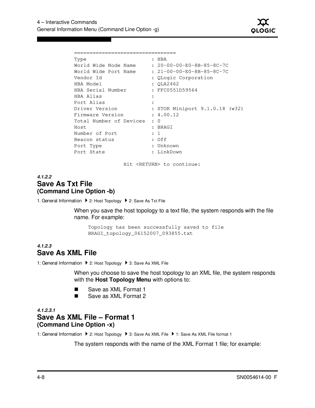 Q-Logic FC HBA CLI manual Save As Txt File, Save As XML File Format, Command Line Option -b 