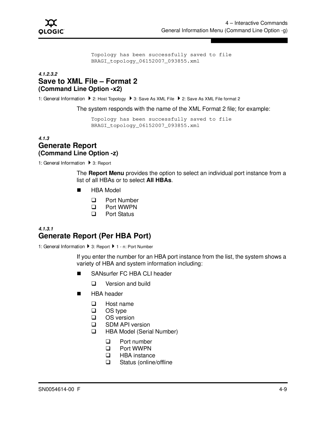 Q-Logic FC HBA CLI manual Save to XML File Format, Generate Report Per HBA Port, Command Line Option -z 