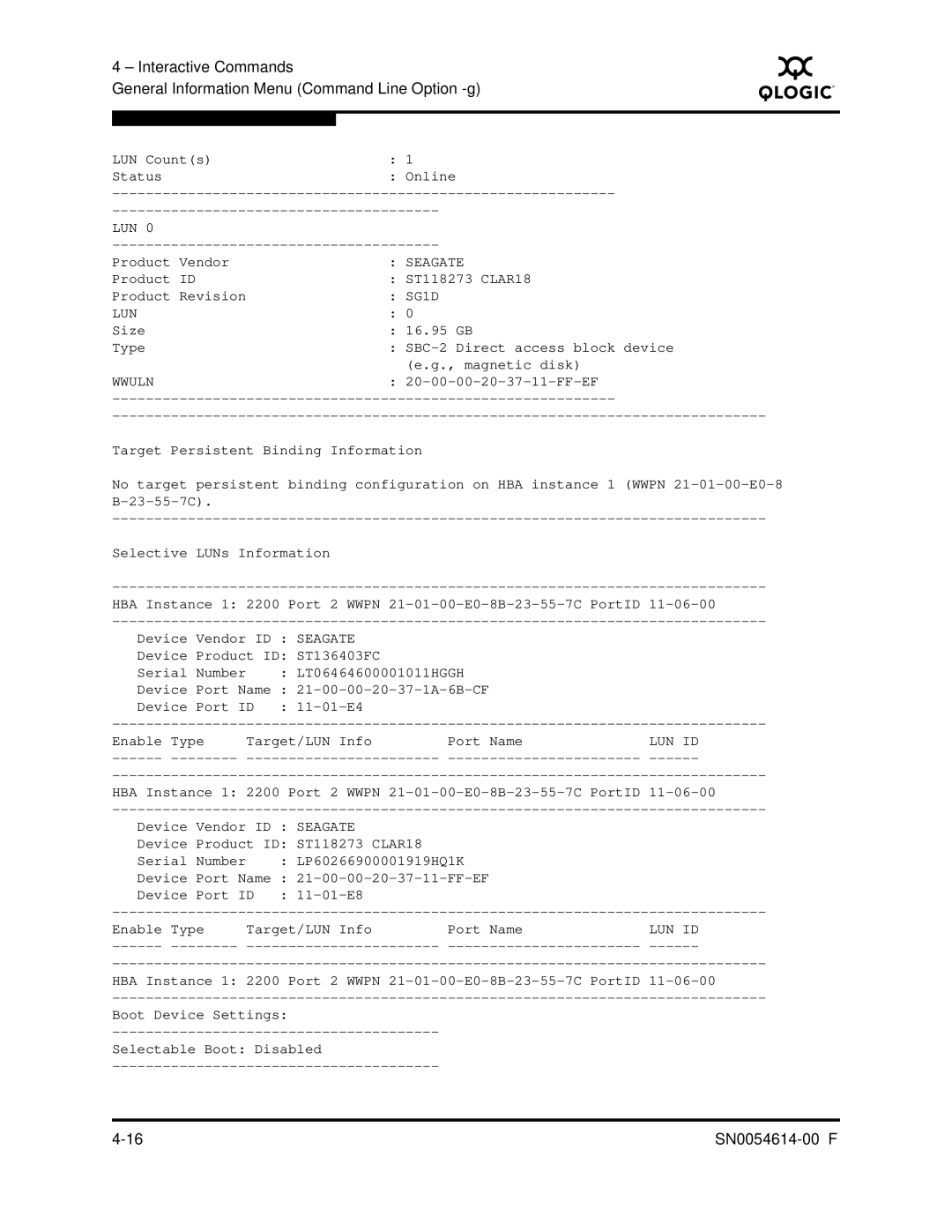 Q-Logic FC HBA CLI manual Lun Id 