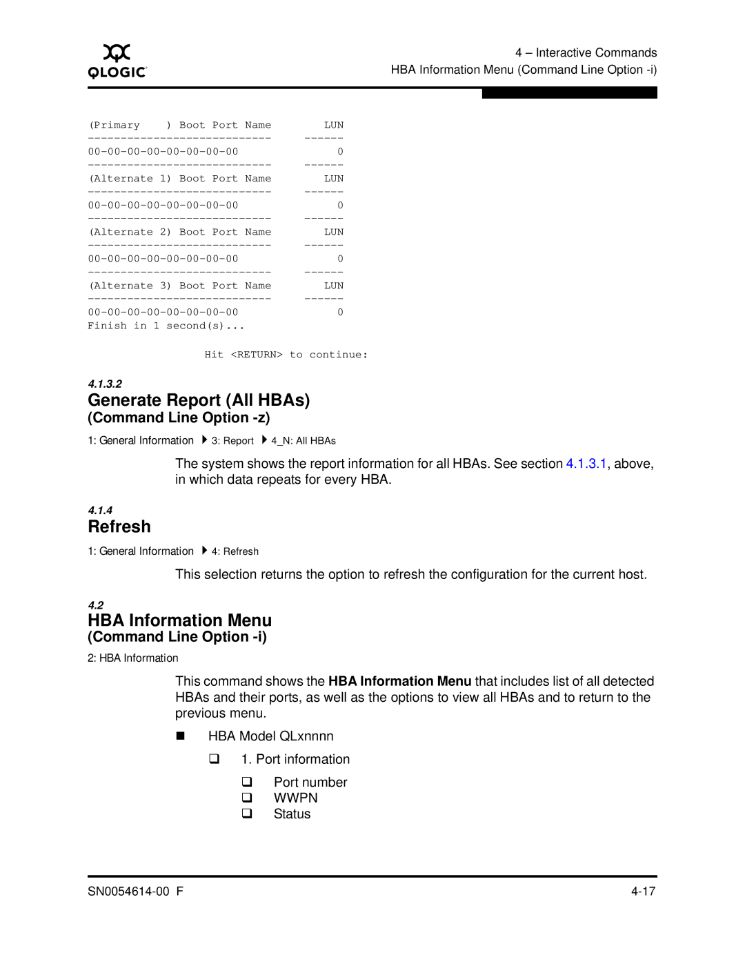 Q-Logic FC HBA CLI manual Generate Report All HBAs, Refresh, HBA Information Menu 